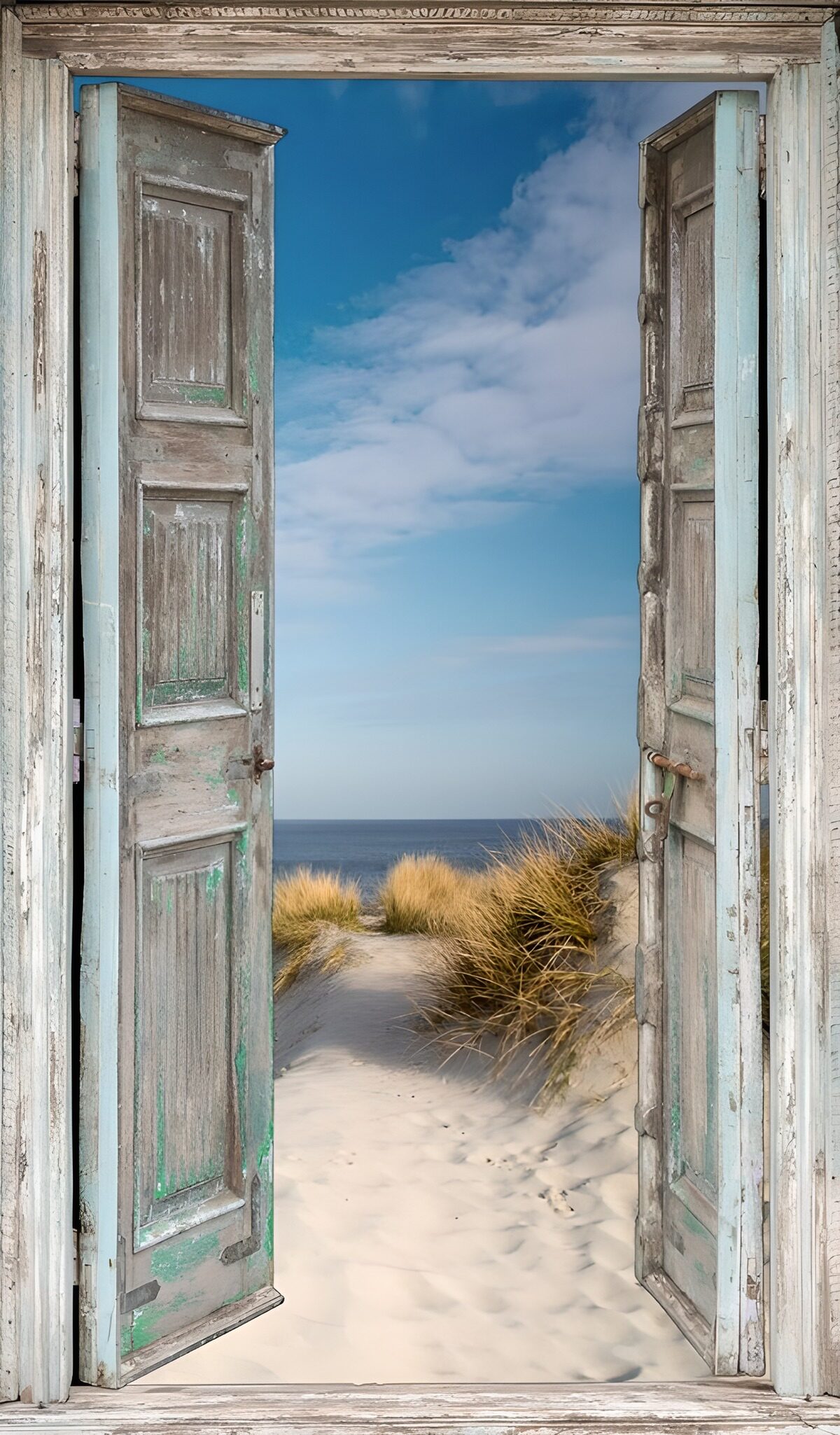 Ventana de madera abierta a las dunas