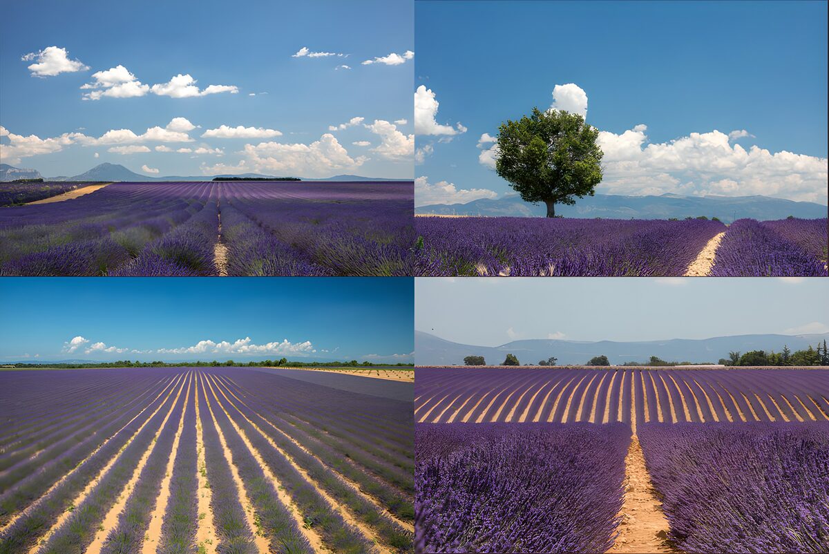 Cuatro vistas de lavanda bajo el sol