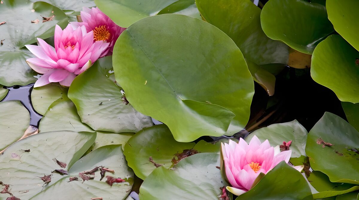 Tres nenúfares rosas entre hojas verdes