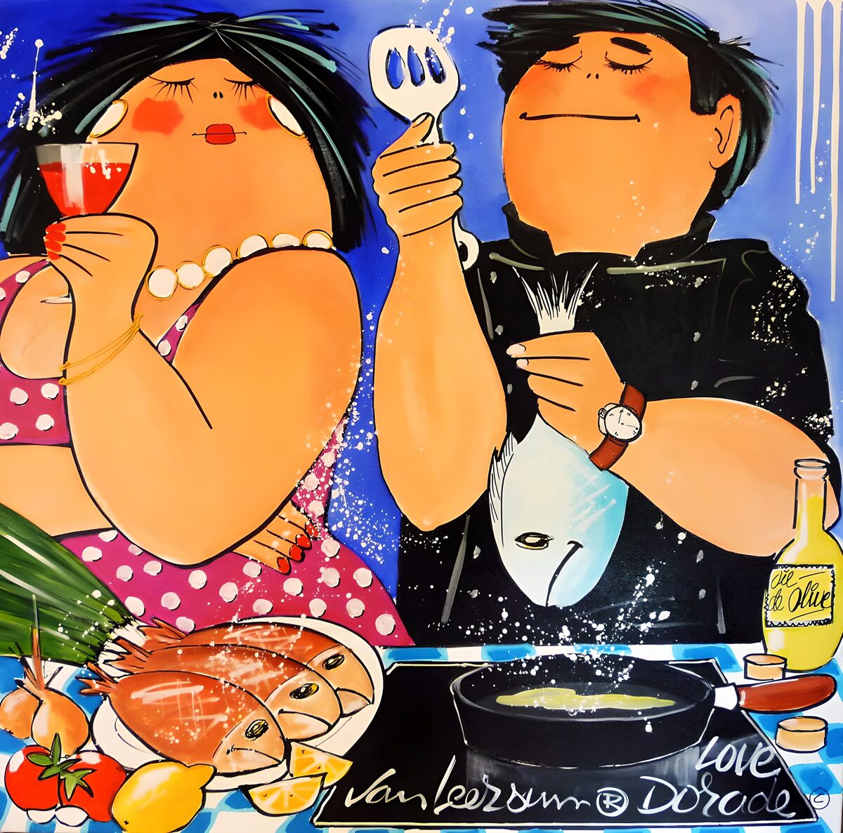 Pareja cocinando pescado entre colores