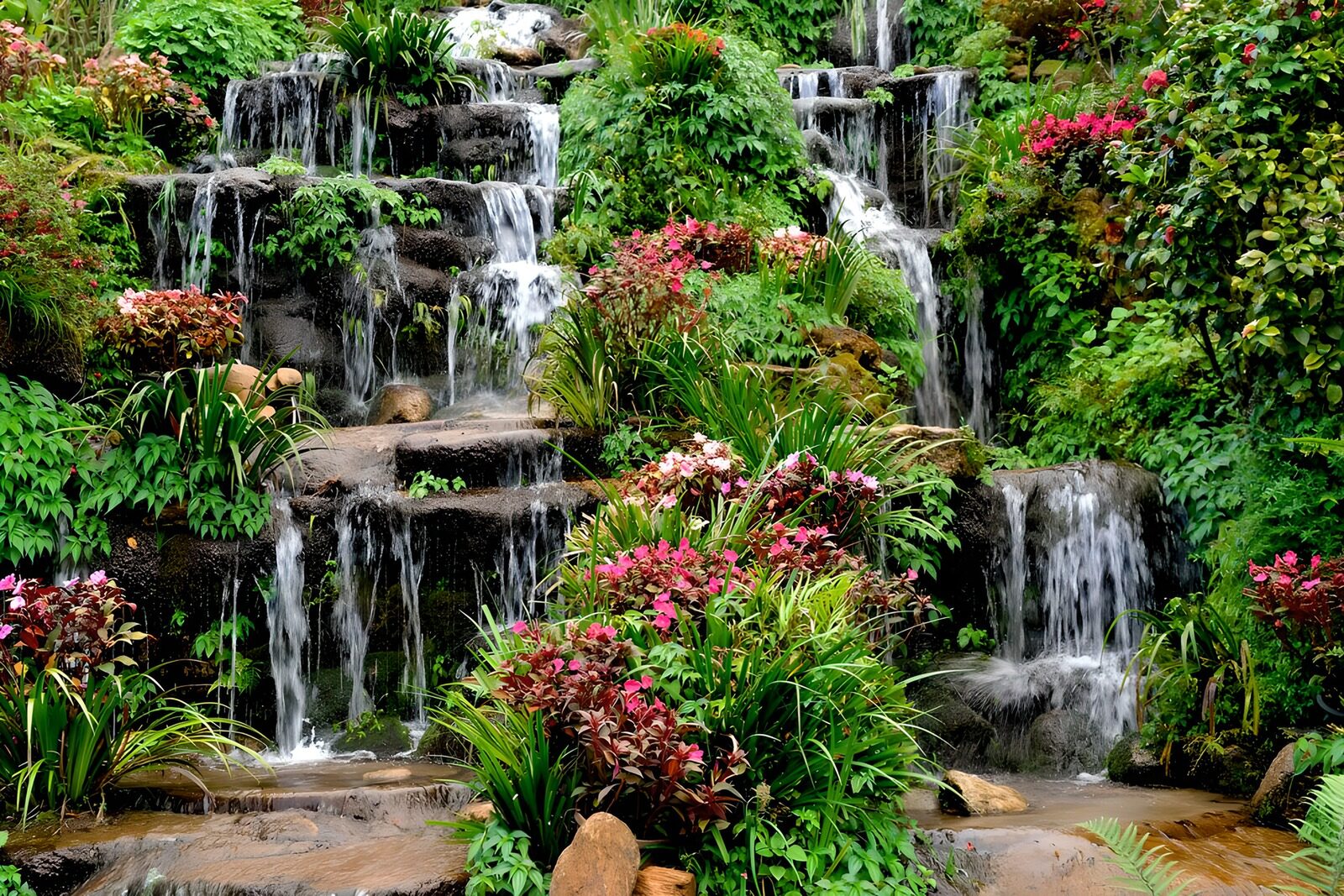 TPES58814: Cascadas entre rocas y un jardín frondoso