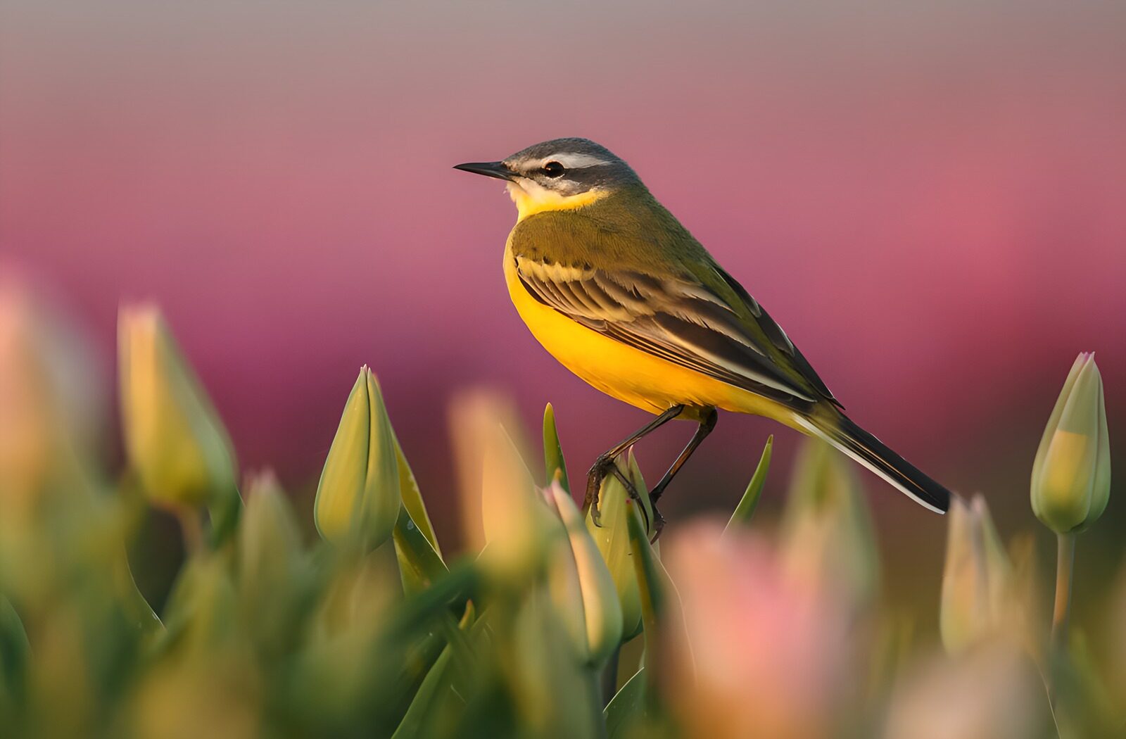 TPES36015: Lavandera boyera entre tulipanes de primavera