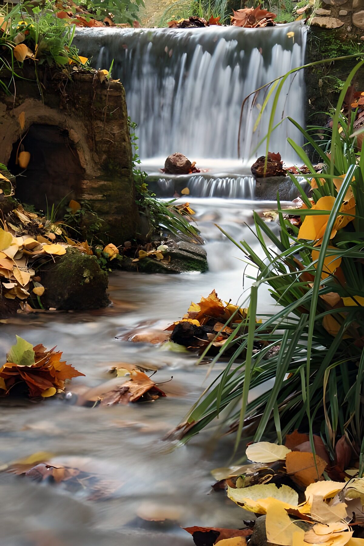 Cascada entre piedras y hojas de otoño