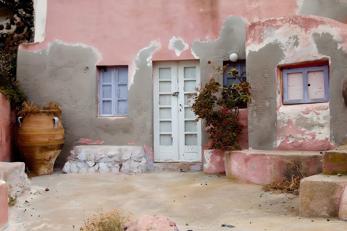 Patio rosa, puerta blanca y calma