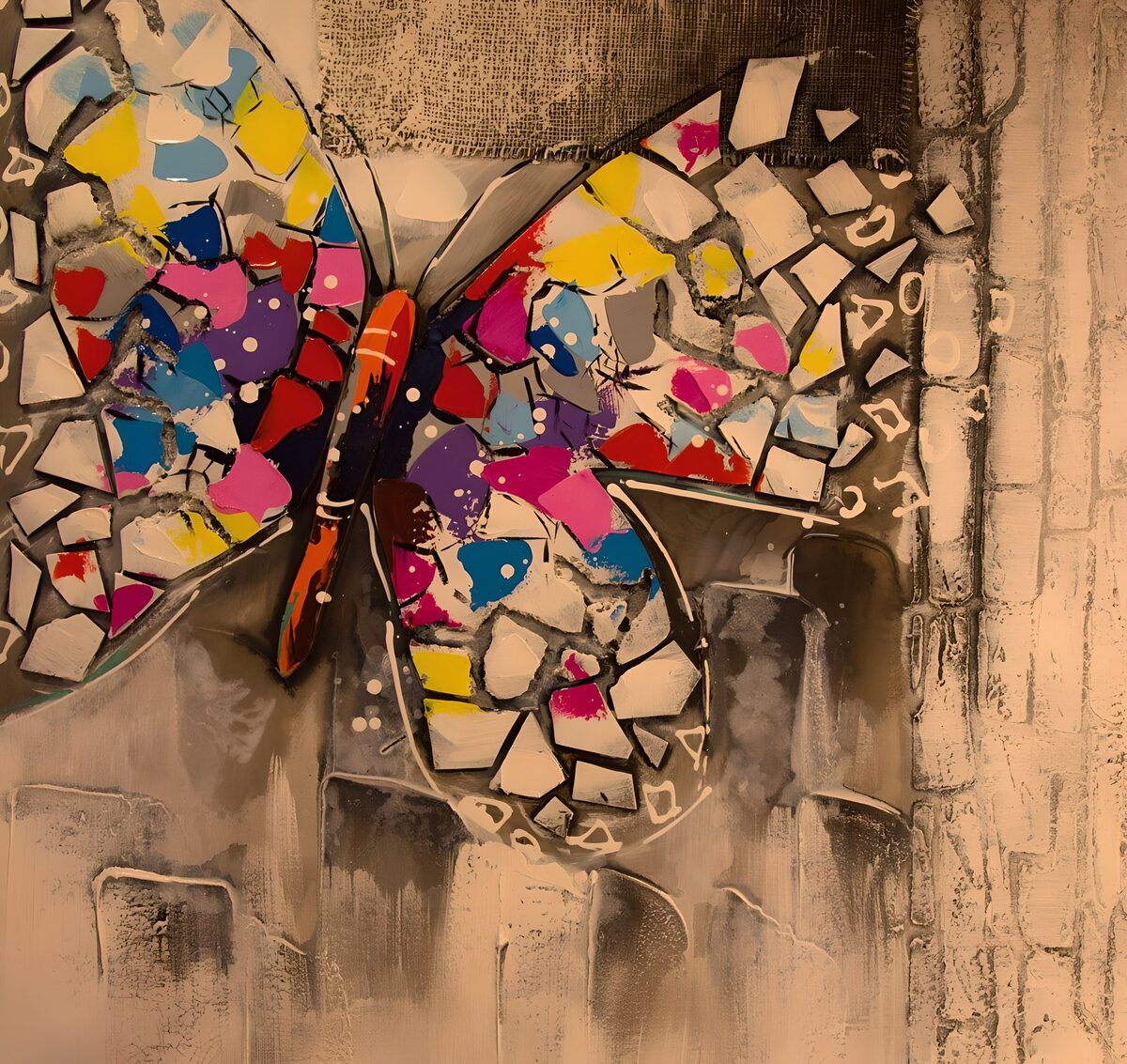 Mariposa de mosaico sobre muro envejecido
