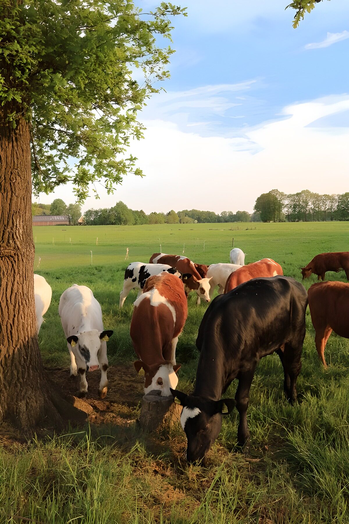 Vacas bajo un techo de hojas