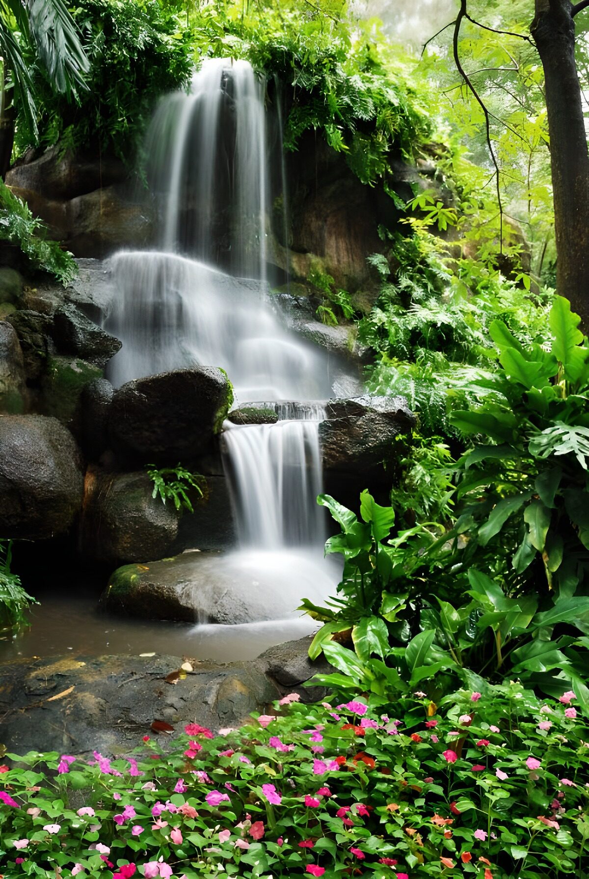 TPES15140: Cascada entre helechos y flores