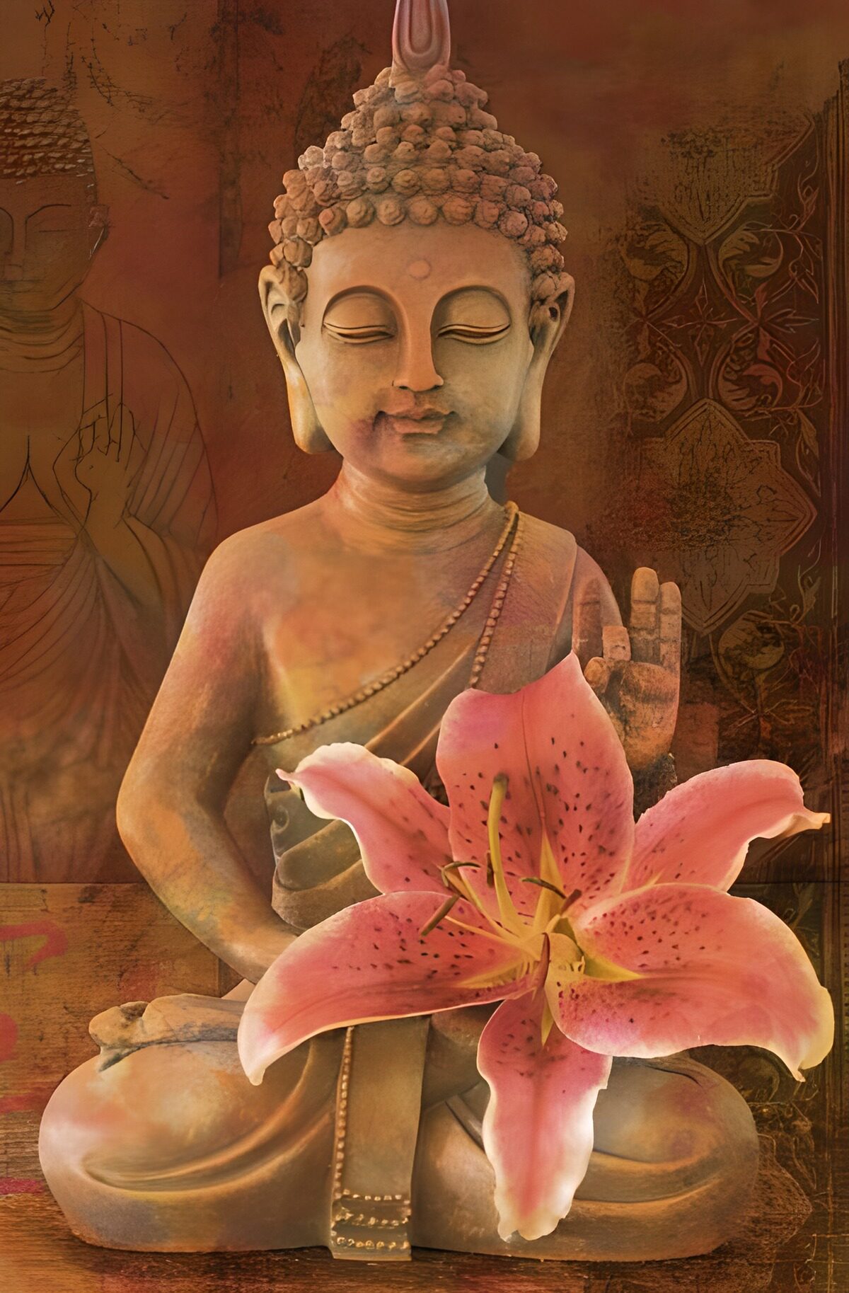 Buda sentado con un lirio rosa
