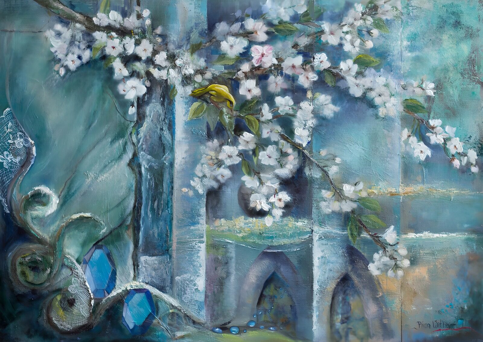 TPES40824: Ramas en flor sobre azul turquesa