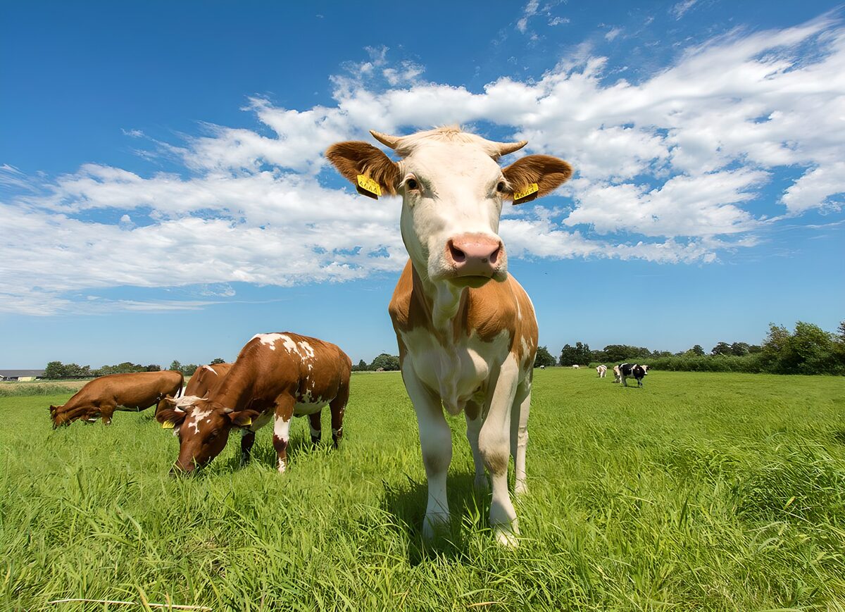 Vaca de frente en un prado verde
