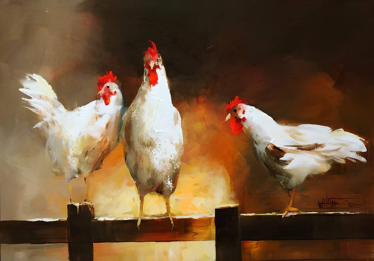 Tres gallinas blancas en una valla rústica