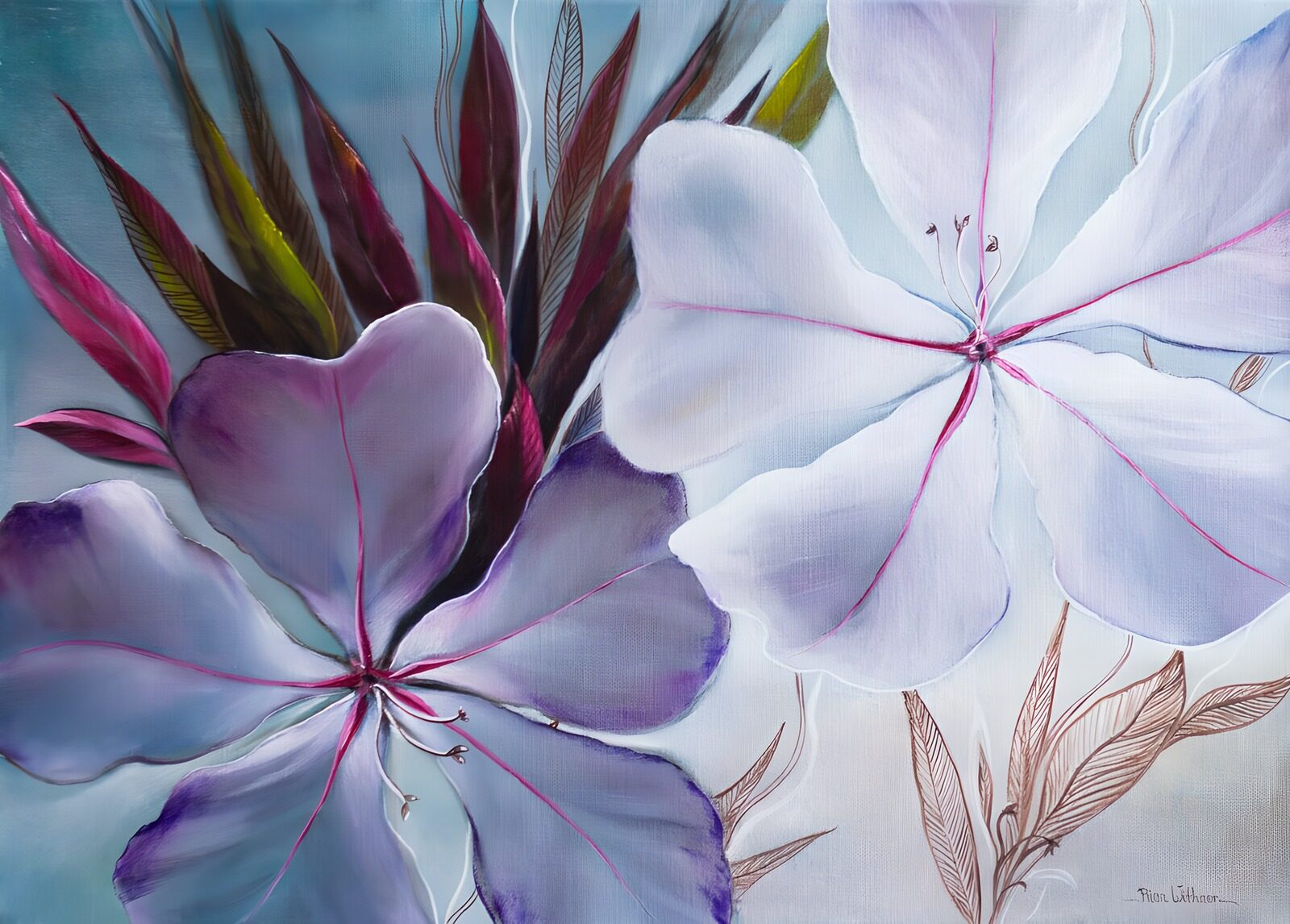 TPES32217: Flor blanca y flor lila sobre azul