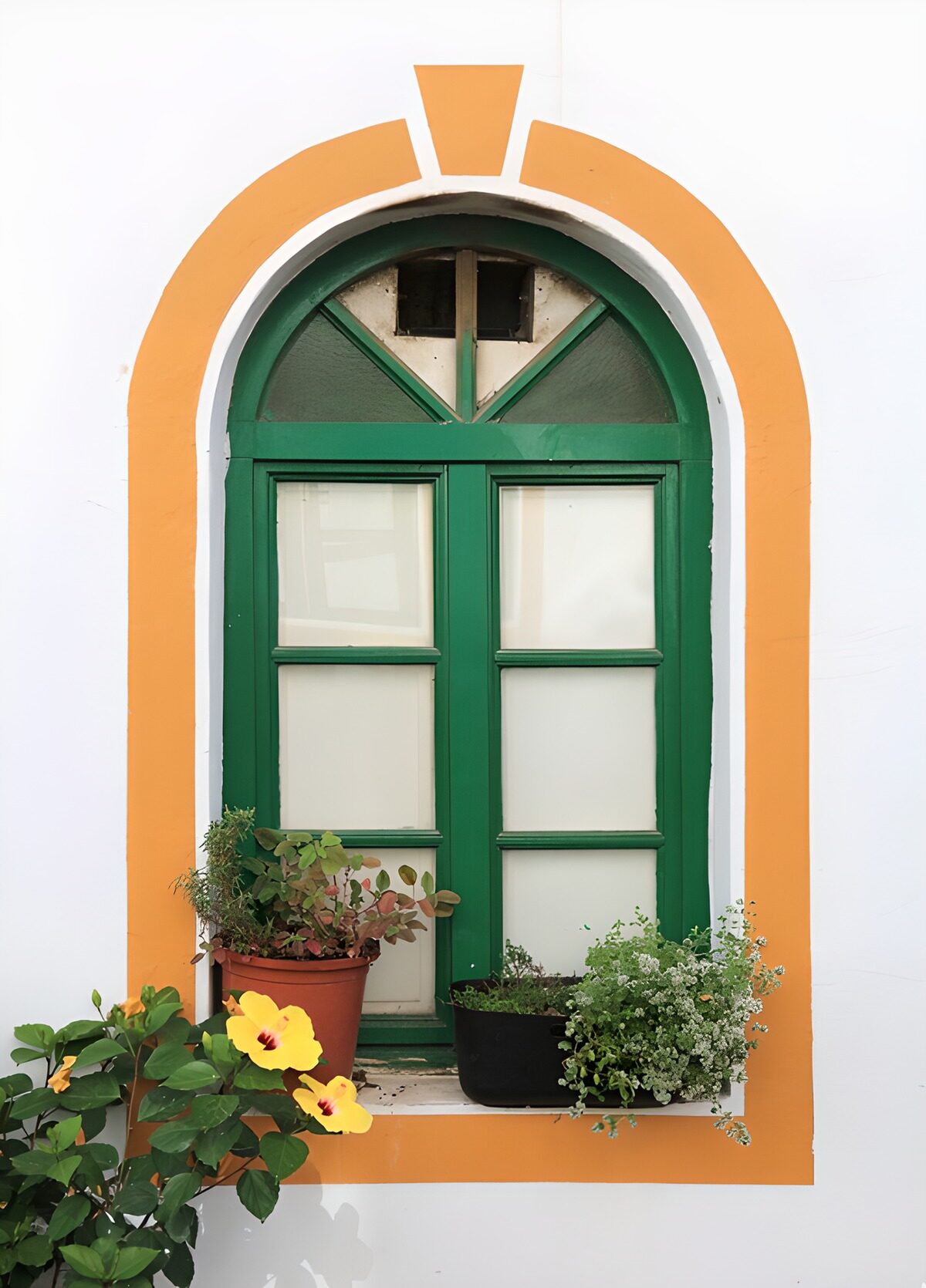 Ventana verde con hibiscos amarillos