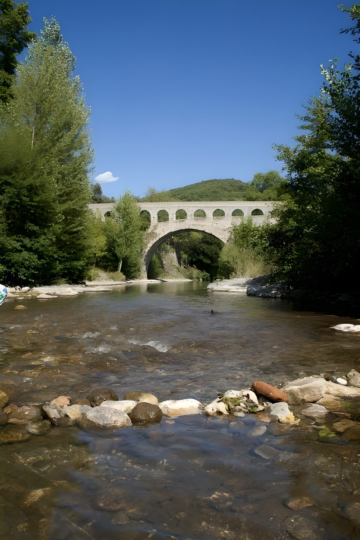 Puente de piedra sobre un río entre árboles