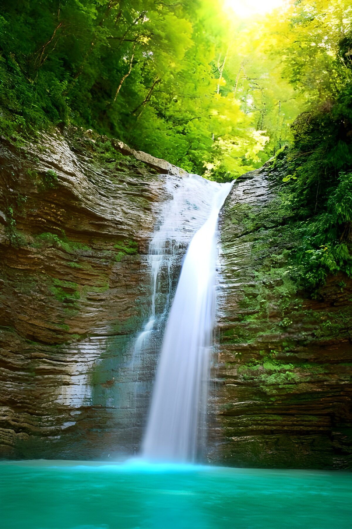 Cascada y poza turquesa entre rocas