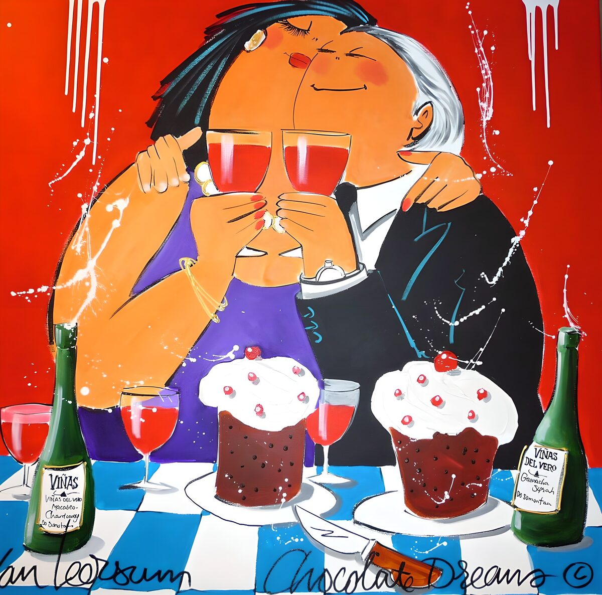 Pareja abrazada brindando con vino tinto
