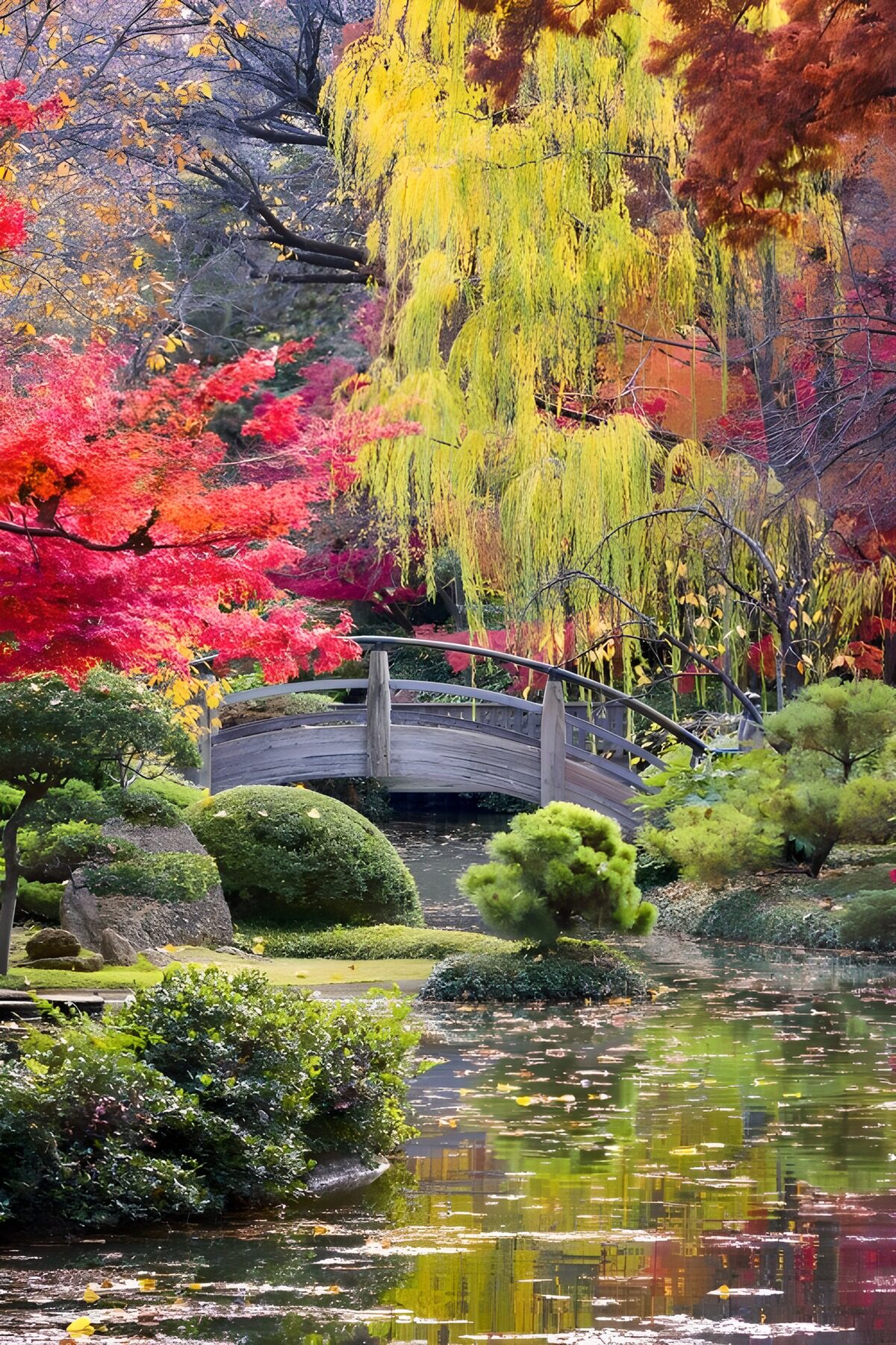 TPES32611: Puente de madera en un otoño japonés