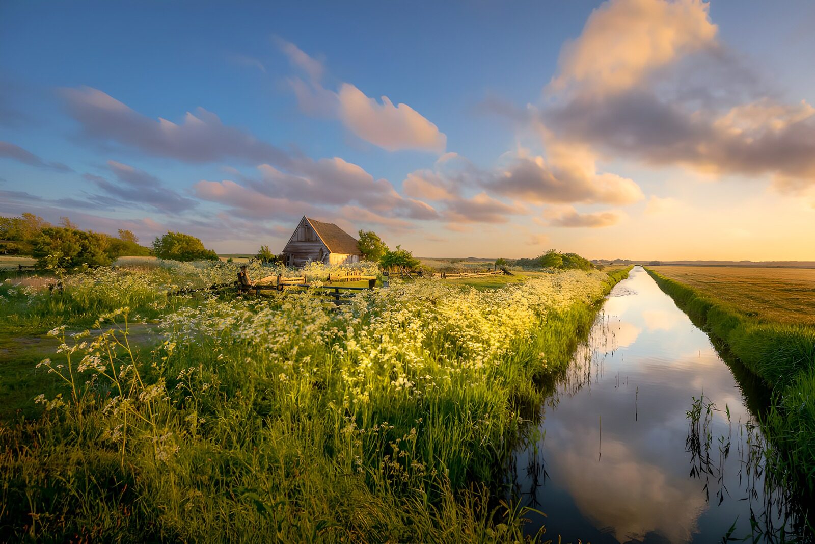 TPES87525: Casa de madera junto al canal al atardecer
