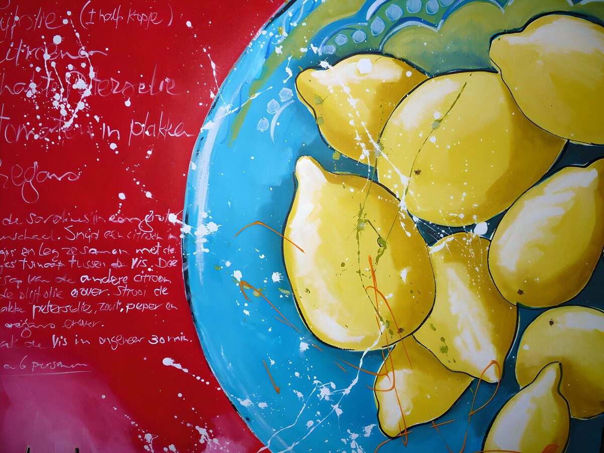 Limones en plato turquesa sobre fondo rojo