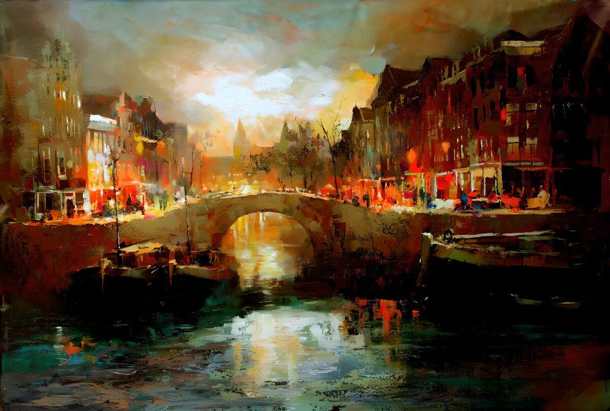 TPES92082: Canal con puente al atardecer
