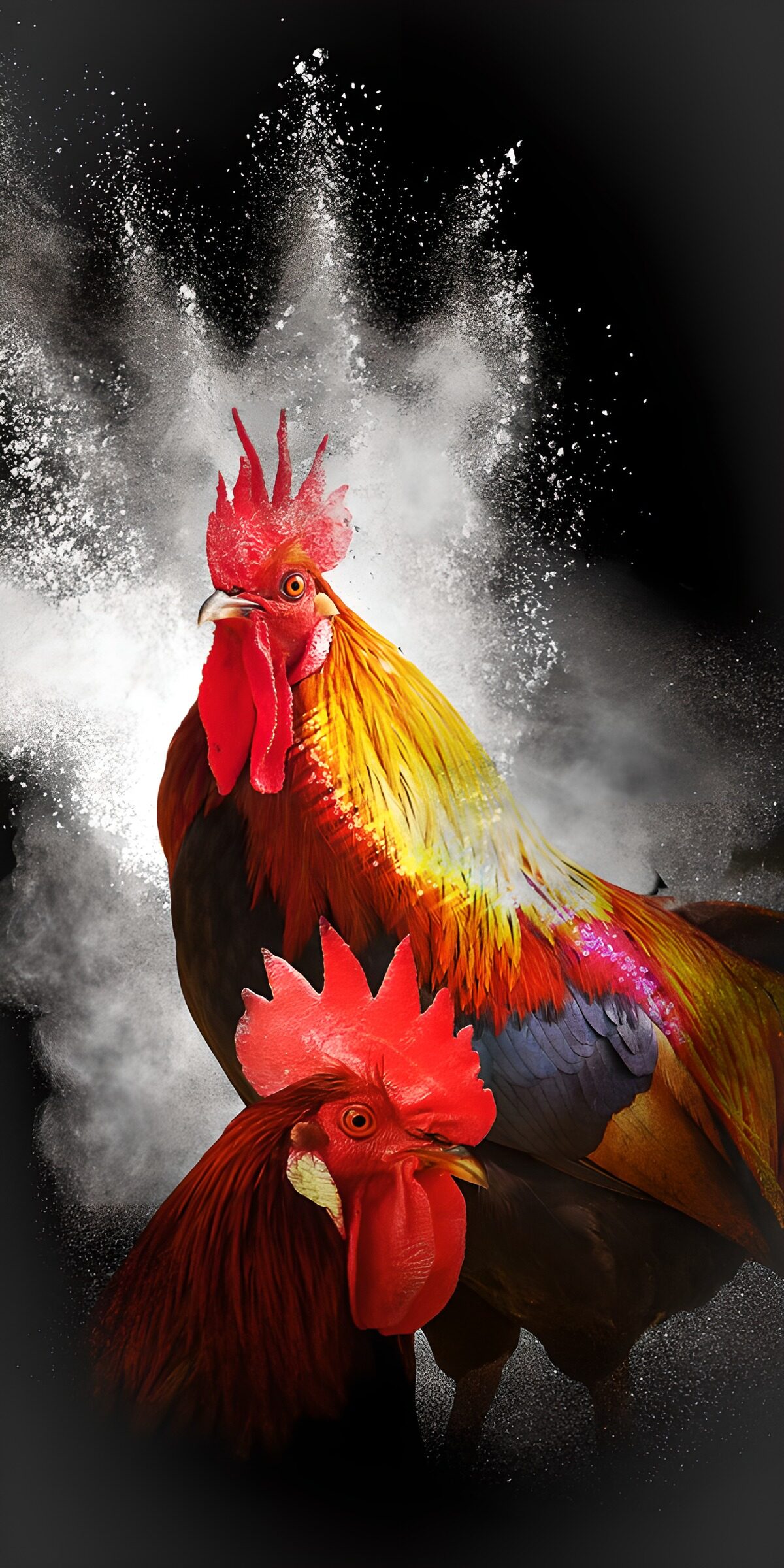 TPES54450: Dos gallos de vivos colores sobre negro