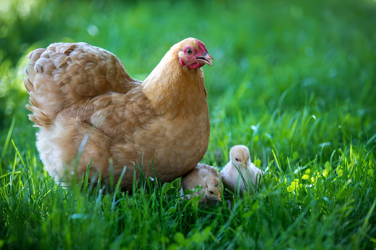 Gallina y dos pollitos en la hierba fresca