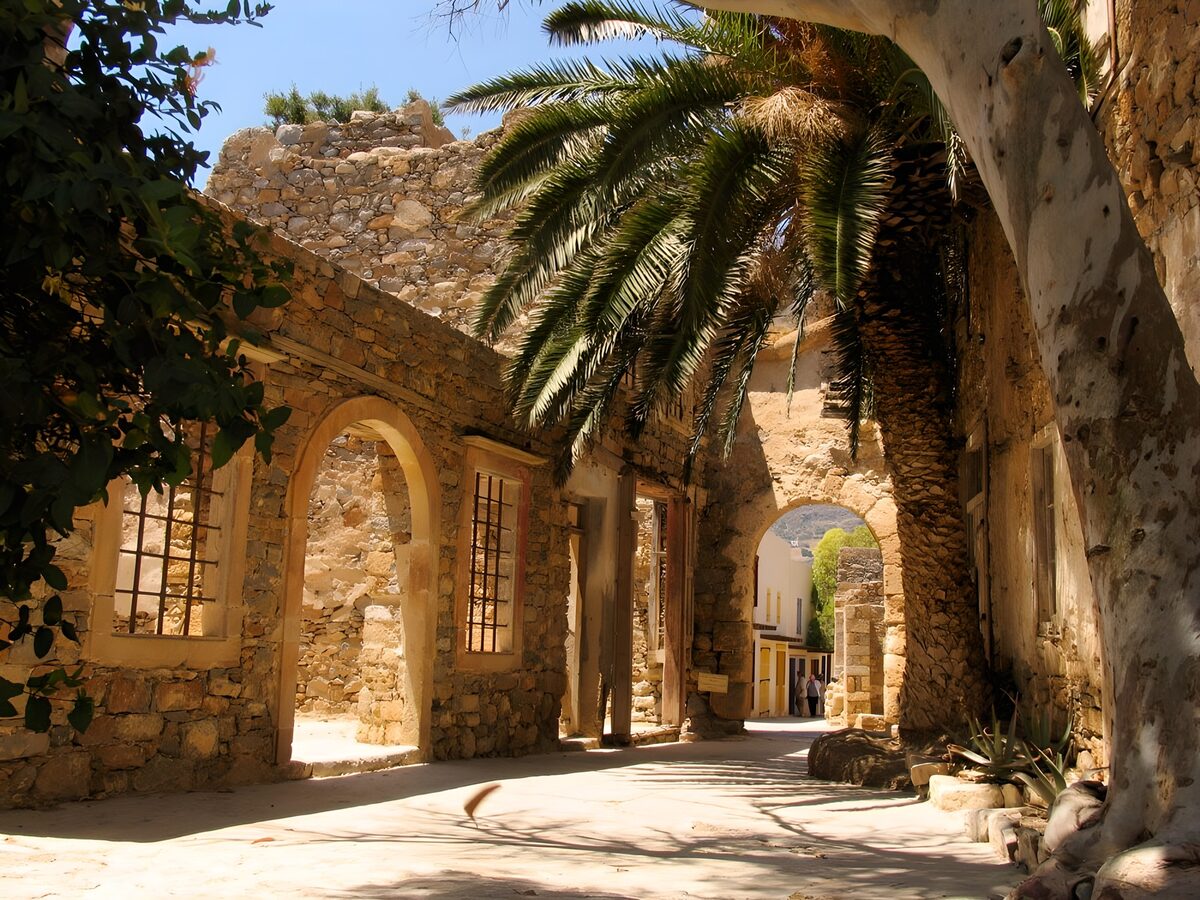Patio de piedra con palmera al sol