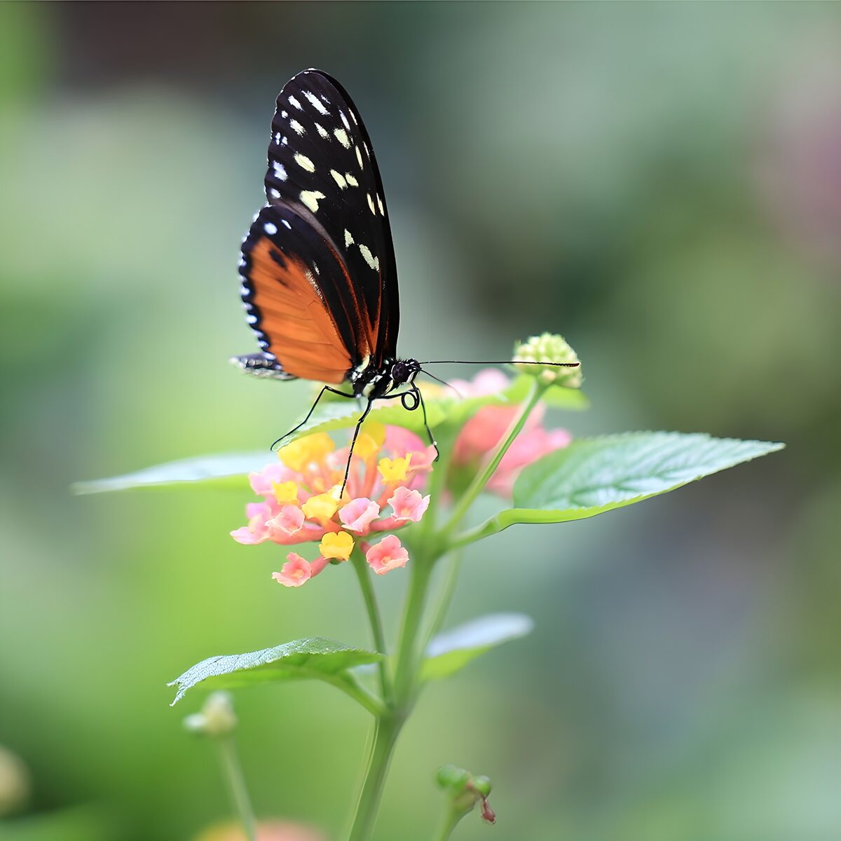 Mariposa naranja sobre lantanas rosas