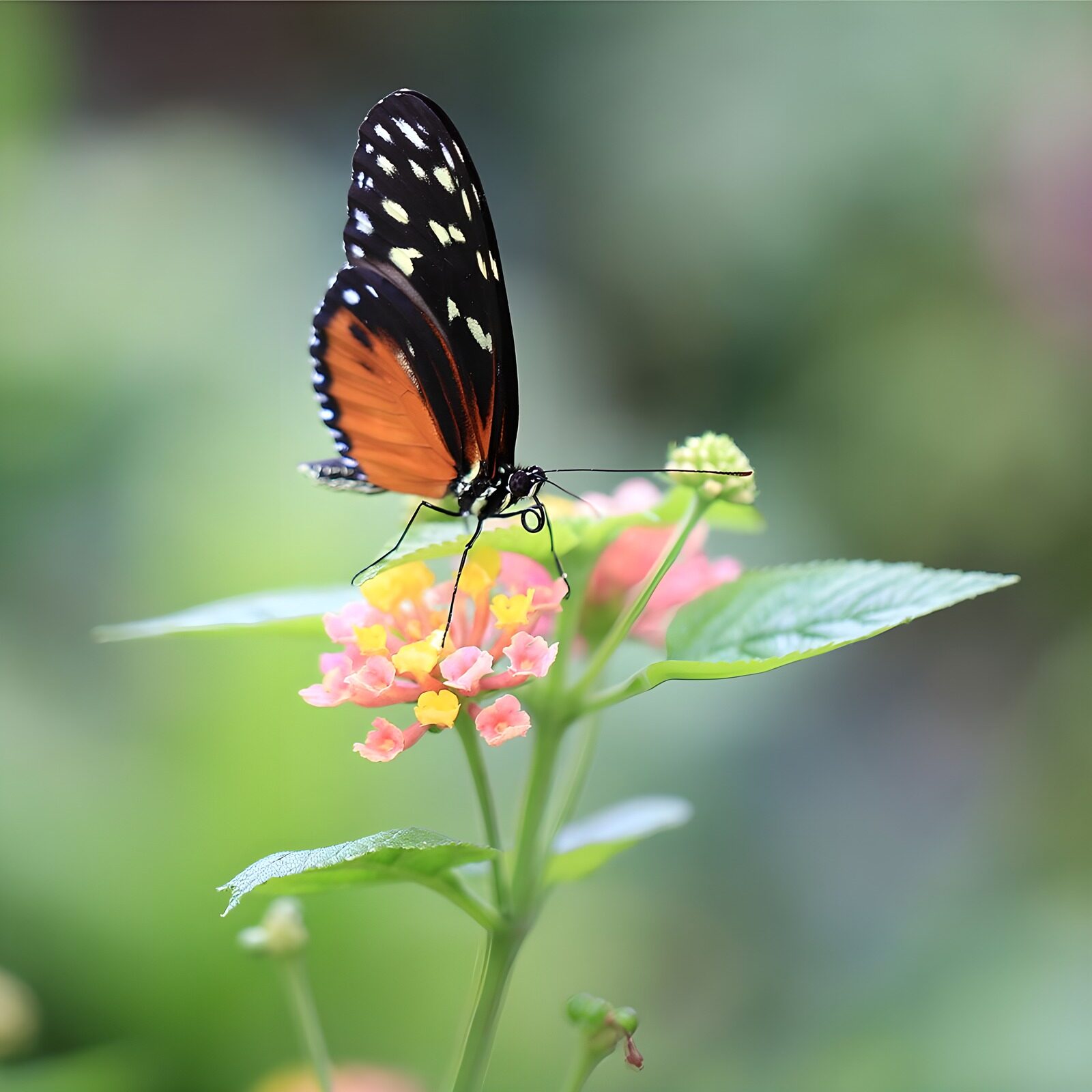 TPES71273: Mariposa naranja sobre lantanas rosas