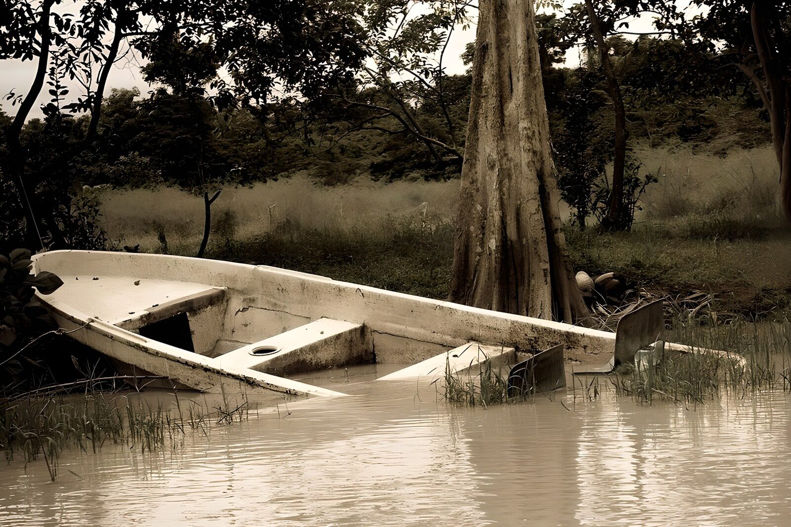 TPES71299: Barca semihundida en aguas sepia