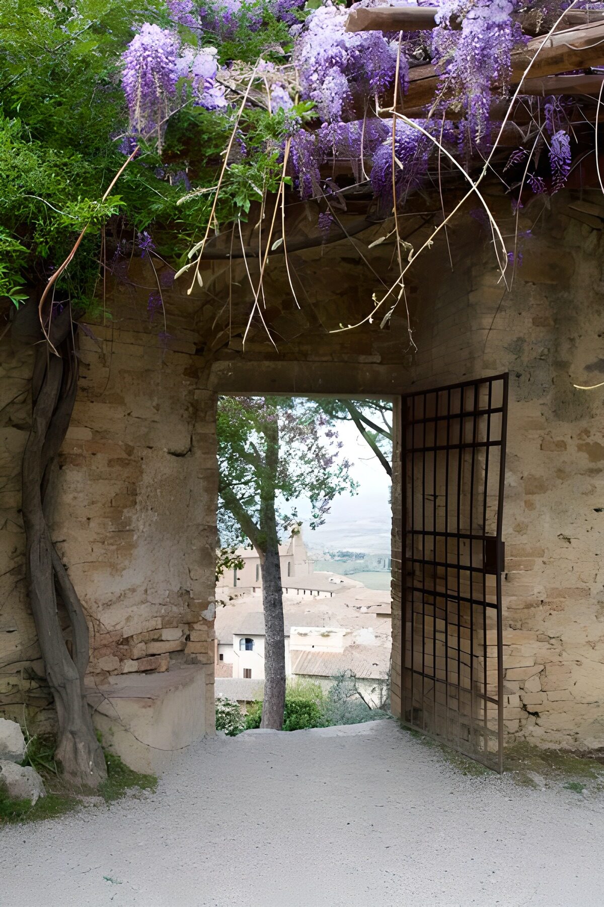 Puerta de piedra bajo las glicinias