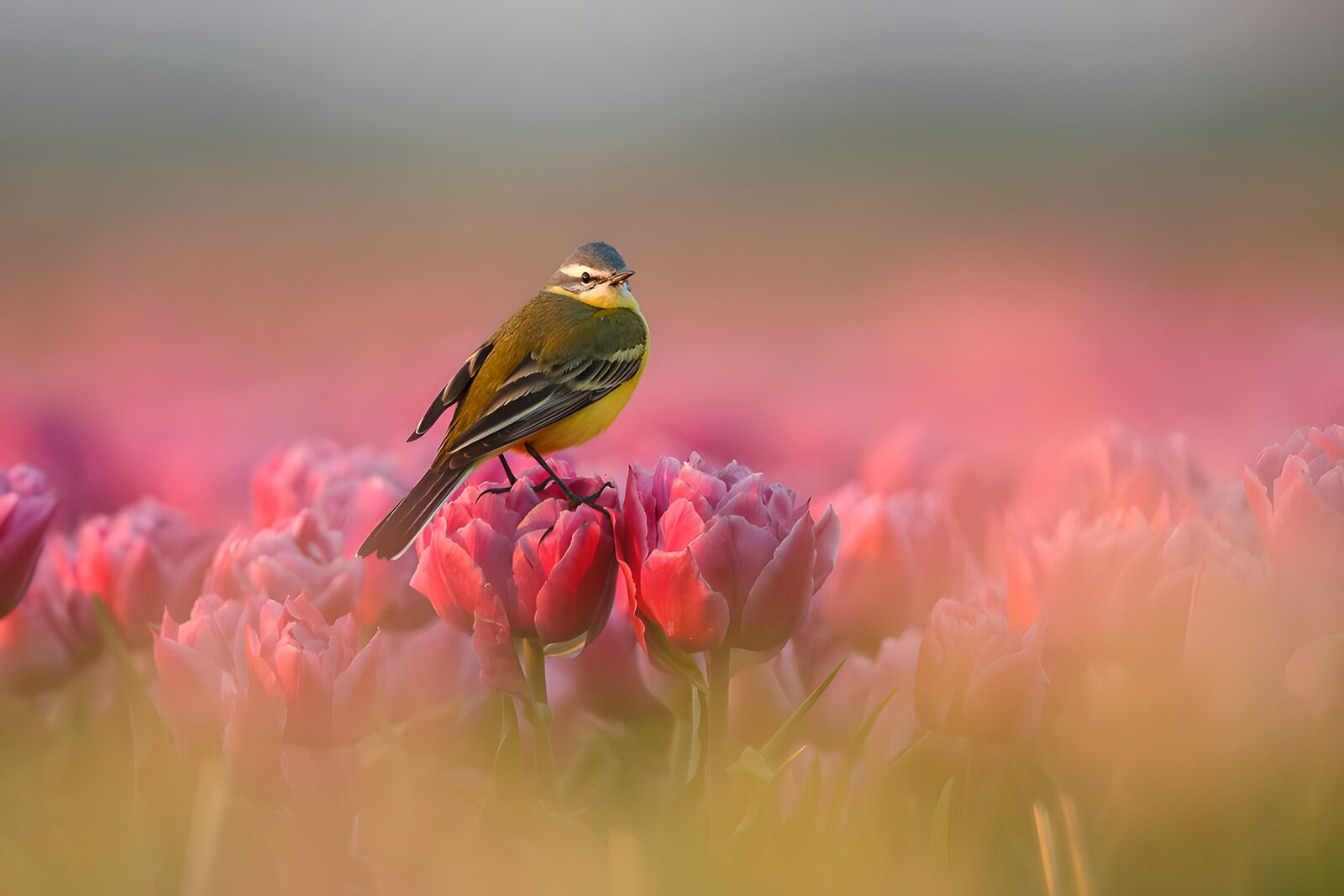 TPES54092: Lavandera boyera entre tulipanes rosas