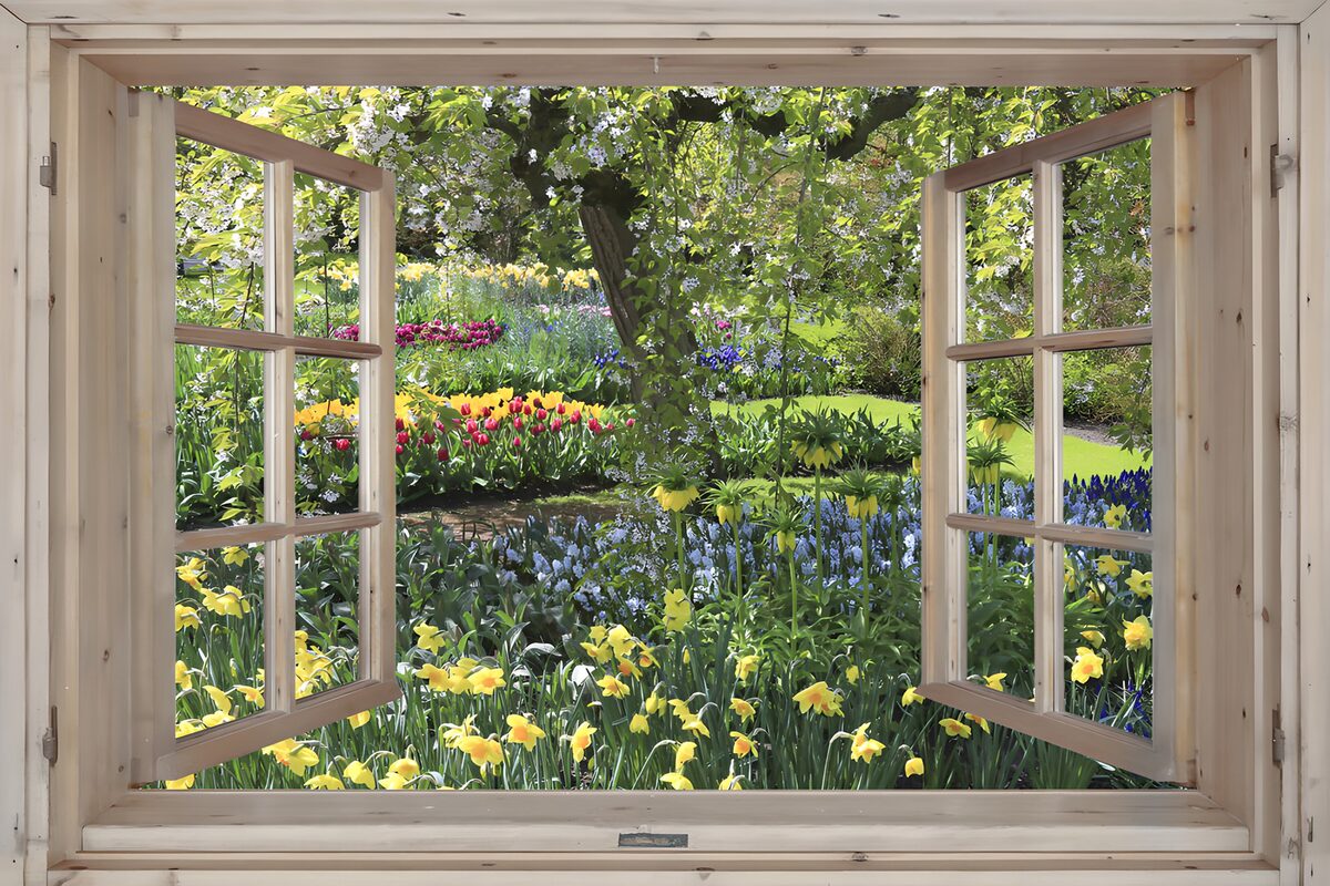 Ventana abierta a un jardín de primavera