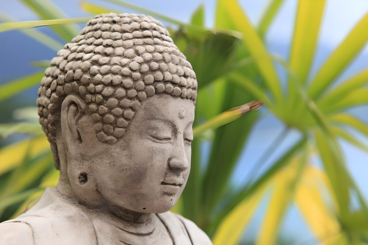 Estatua de Buda entre hojas verdes