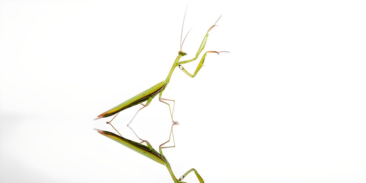 Mantis verde sobre fondo blanco