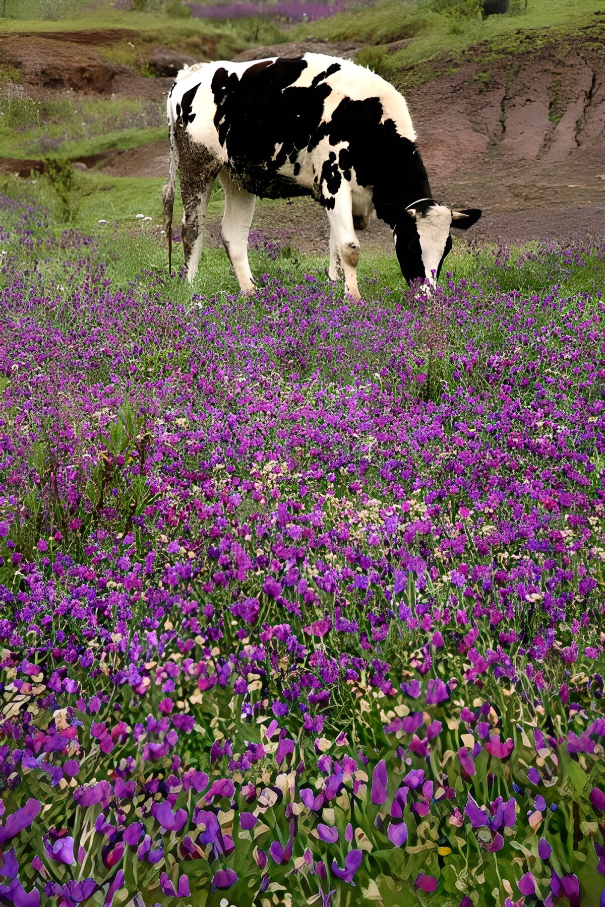 TPES46696: Vaca pastando entre flores moradas