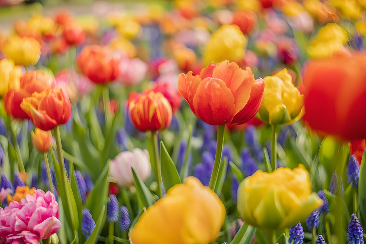 Tulipanes y muscaris a todo color