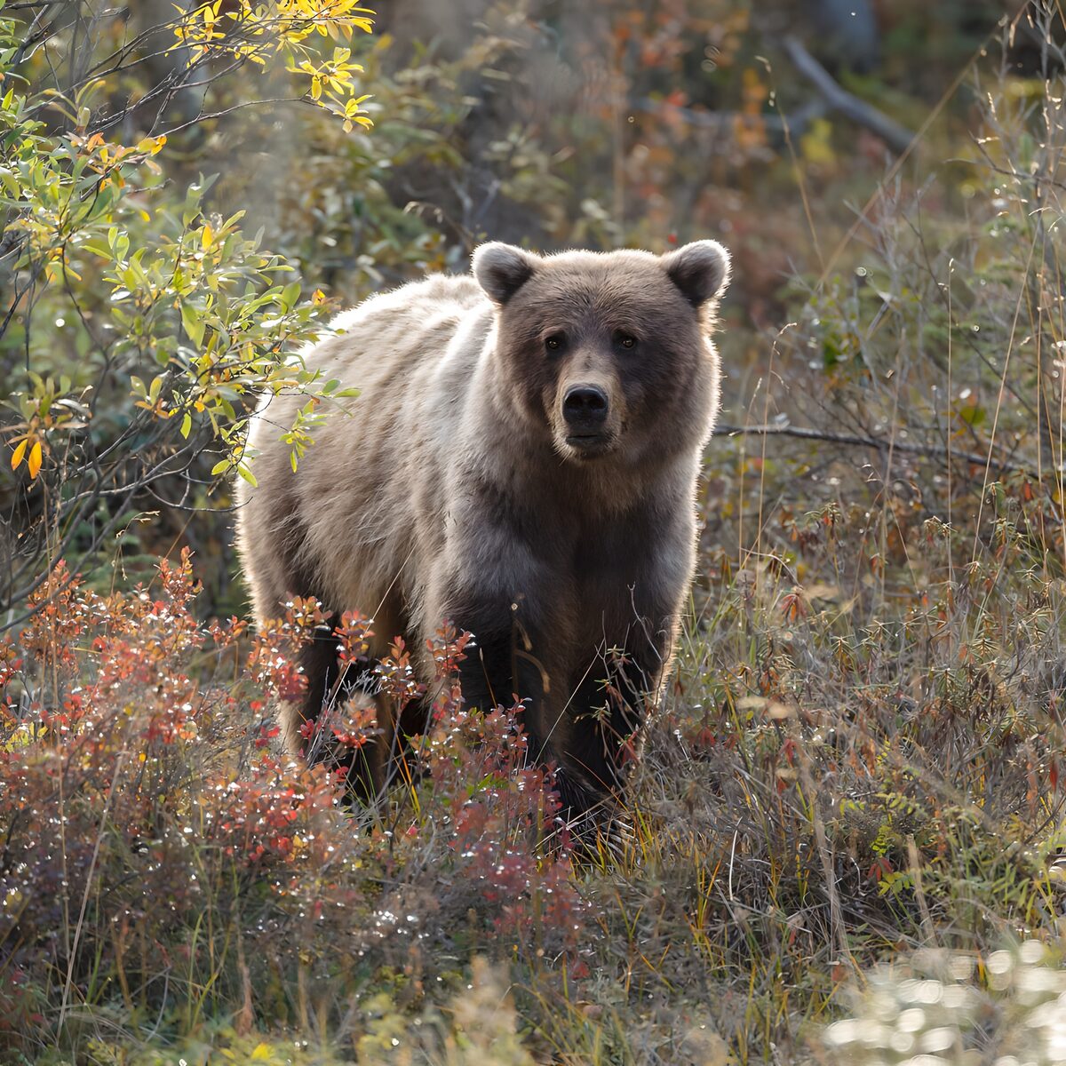 Oso pardo entre arbustos de otoño
