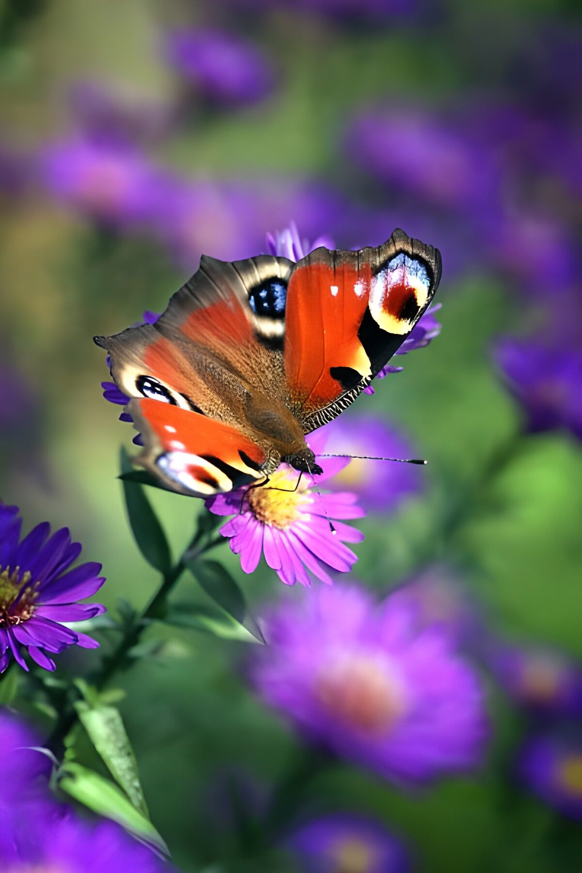 Mariposa pavo real sobre una flor morada
