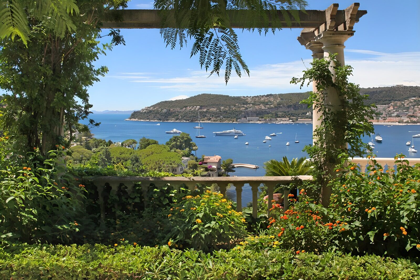 TPES93020: Terraza florida sobre una bahía azul