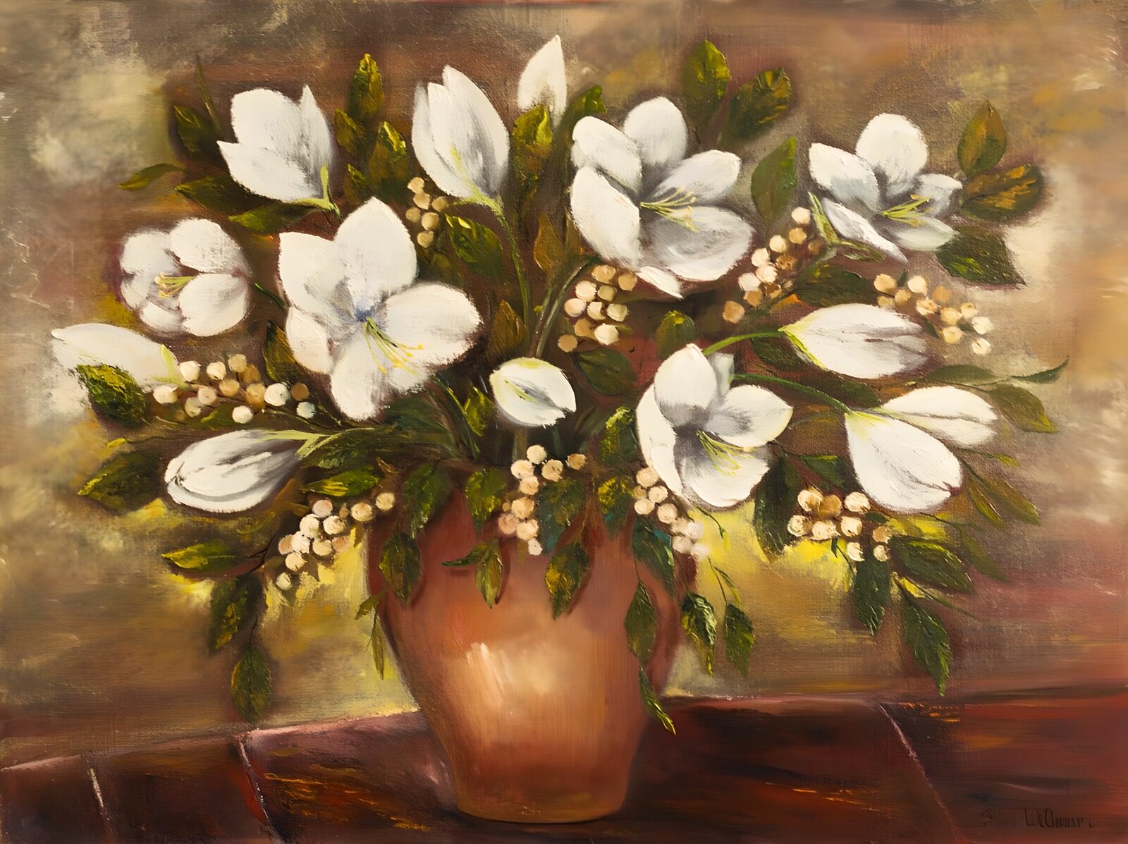 TPES94907: Flores blancas en un jarrón marrón