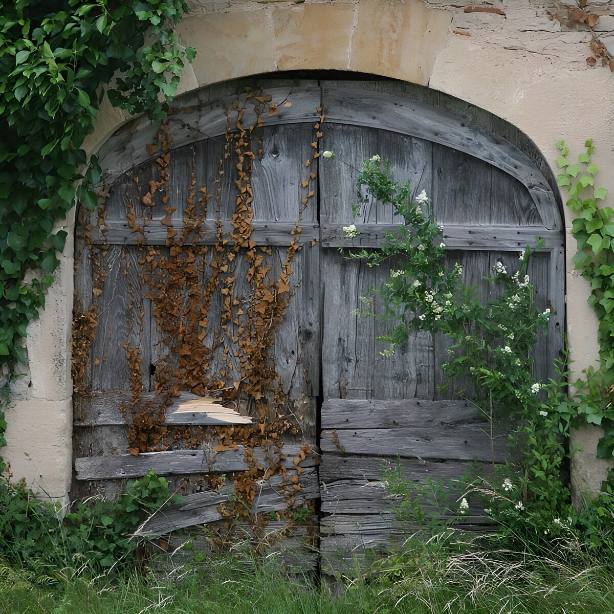 Puerta antigua de madera entre la maleza