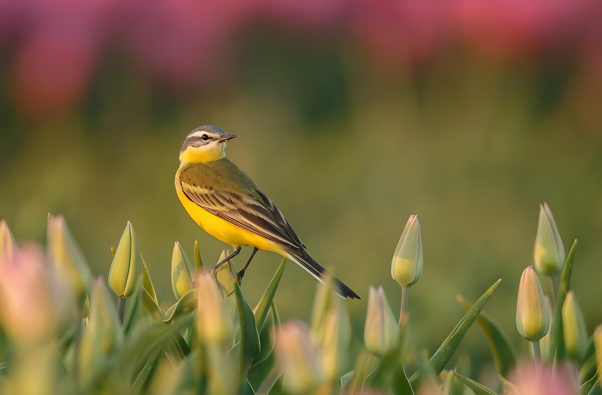 Lavandera entre tulipanes dormidos
