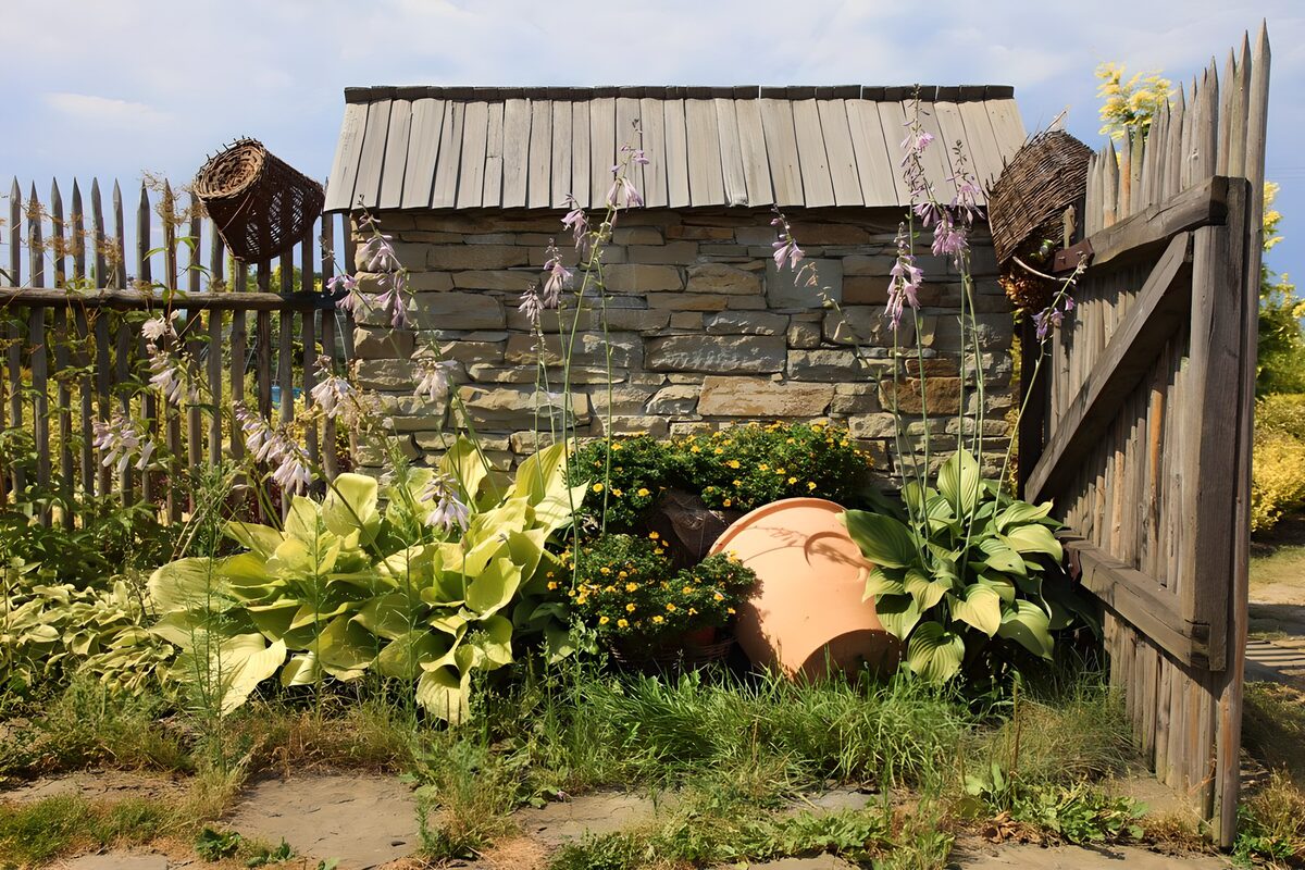 Hostas en flor junto a la puerta de madera