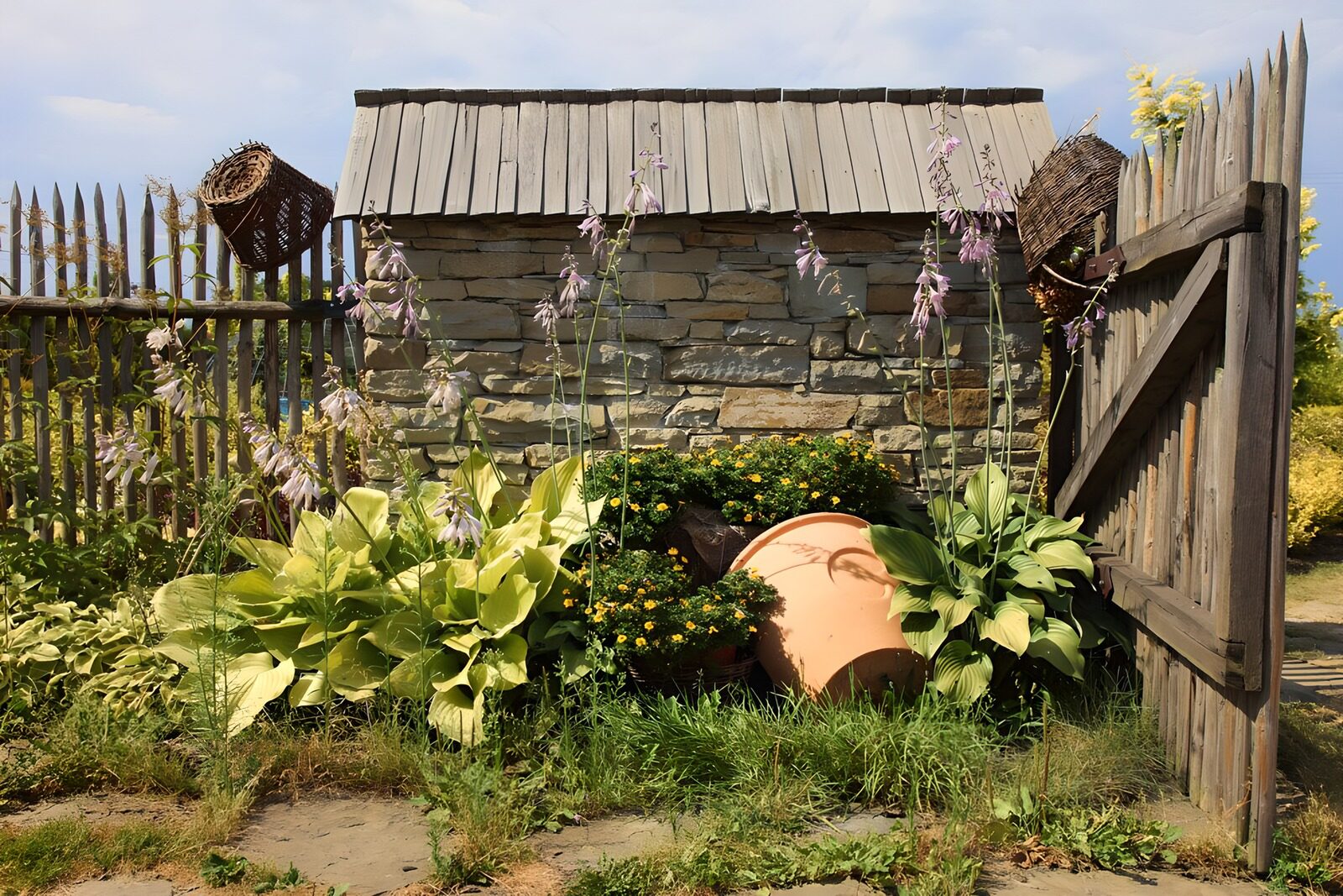 TPES24007: Hostas en flor junto a la puerta de madera