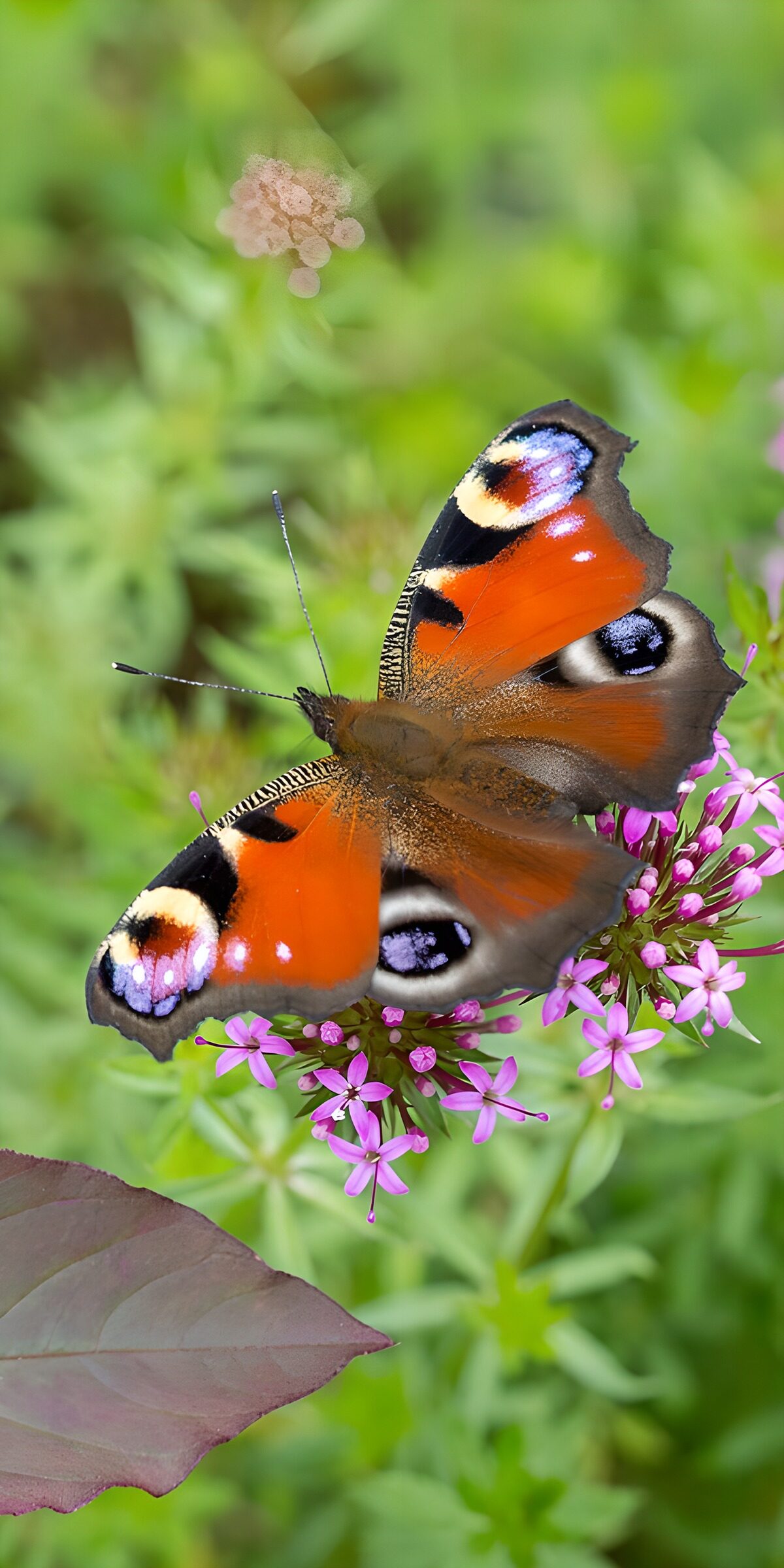 TPES87633: Mariposa pavo real sobre flores malvas