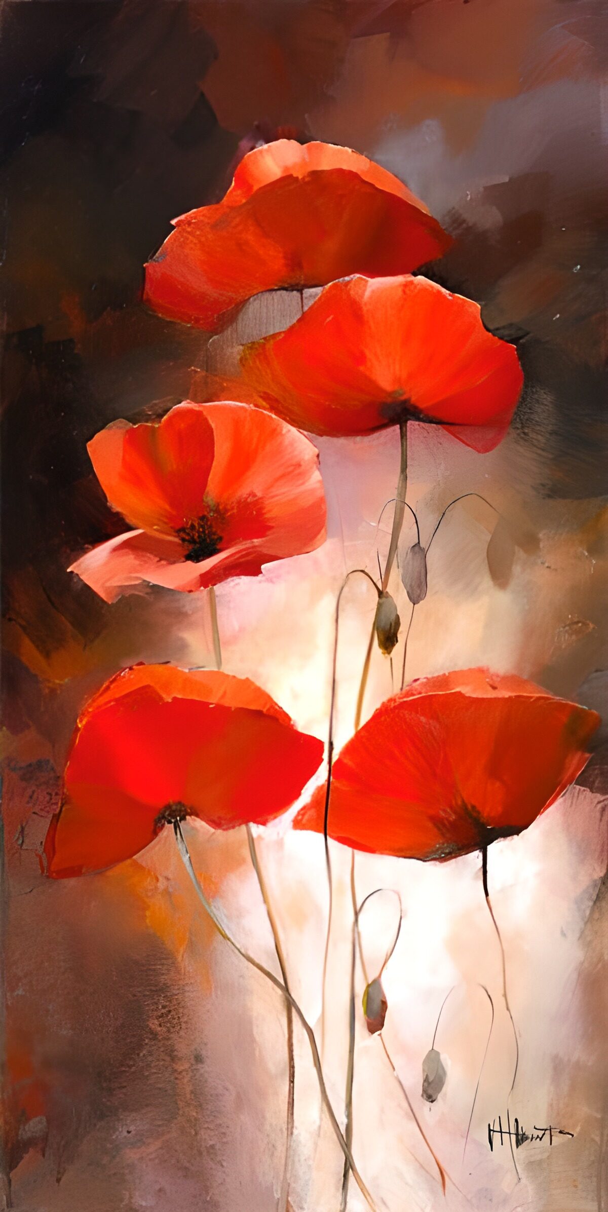 TPES62575: Cinco amapolas rojas sobre fondo abstracto