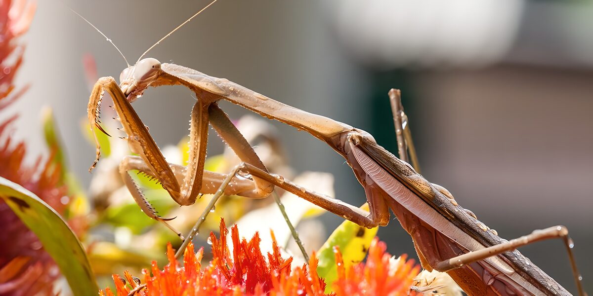 Mantis marrón entre flores rojas