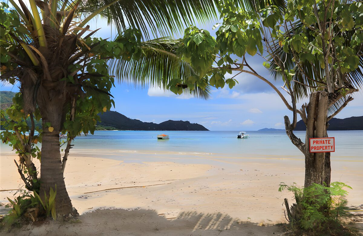 Playa tropical con palmeras y lanchas
