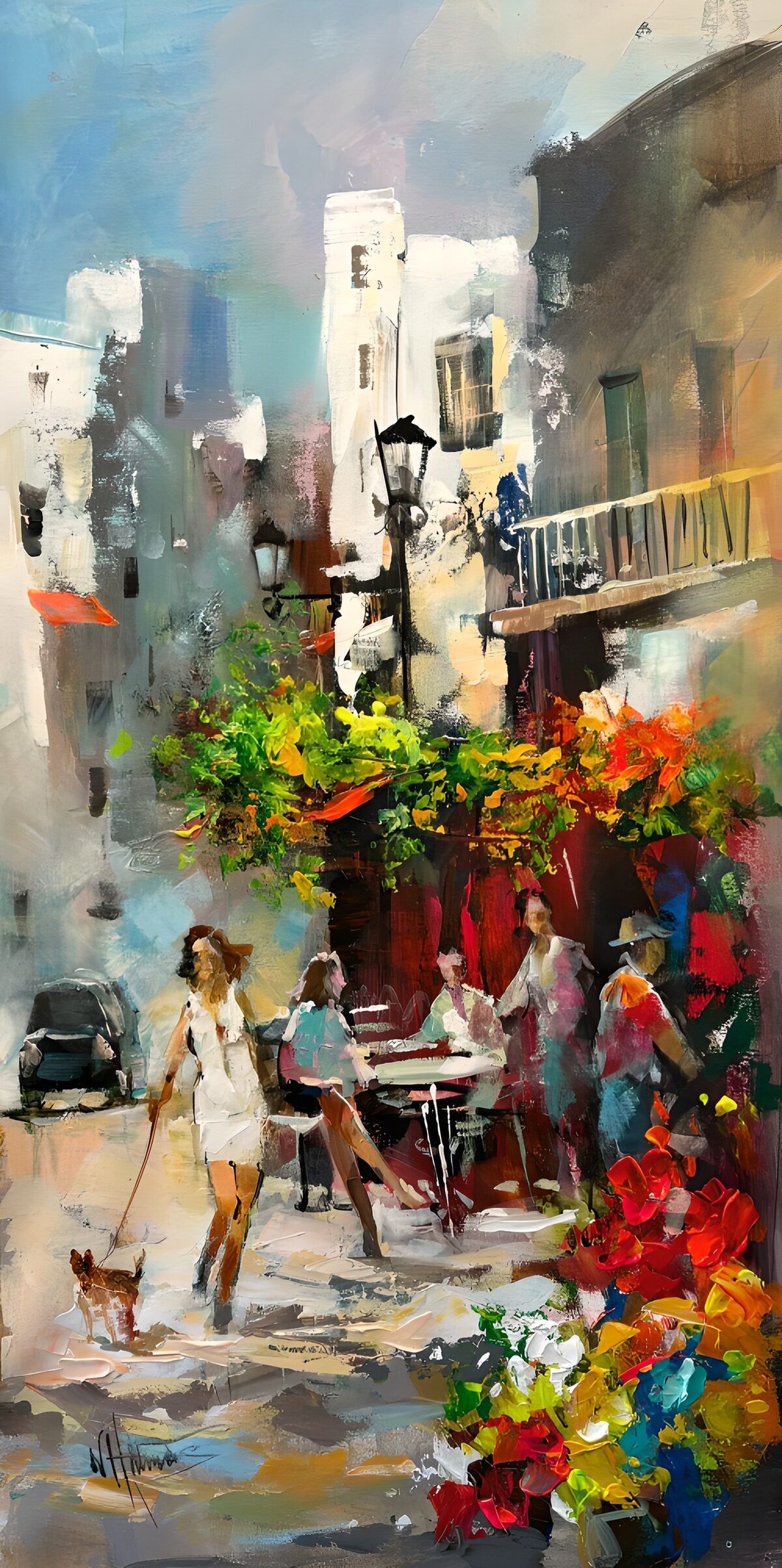 Calle con café y flores al sol